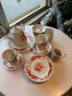 Porcelain Tea Set with Red Dragon Motif - Elegant Home Dining